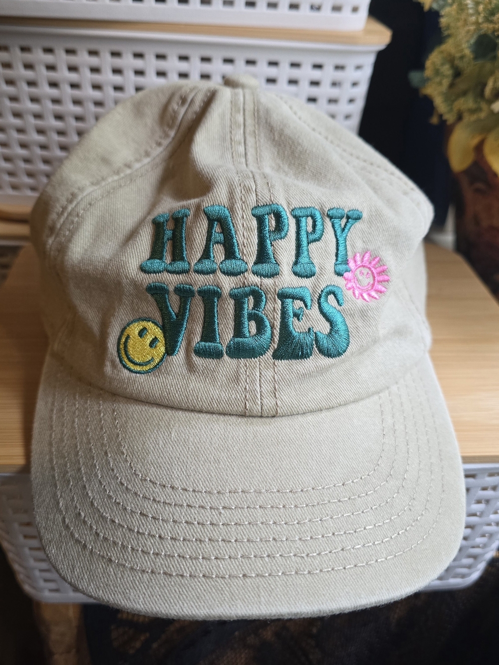 Womens Beige 'Happy Vibes' Embroidered Cap